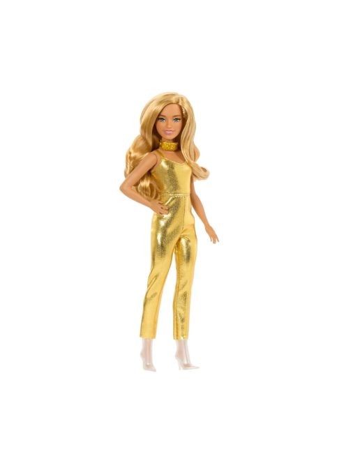 КУКЛА Барби Fashionistas Doll #222 Моден дизайн: Мечти в златно, Barbie Petite With Blonde Wavy Hair, Golden Jumpsuit, 65th Anniversary, HRH19