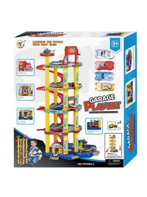 Детски комплект Паркинг - Гараж 5 нива, Хеликоперна площадка, 4 колички, 77 х 34 х 45,5 см, 3+ години
