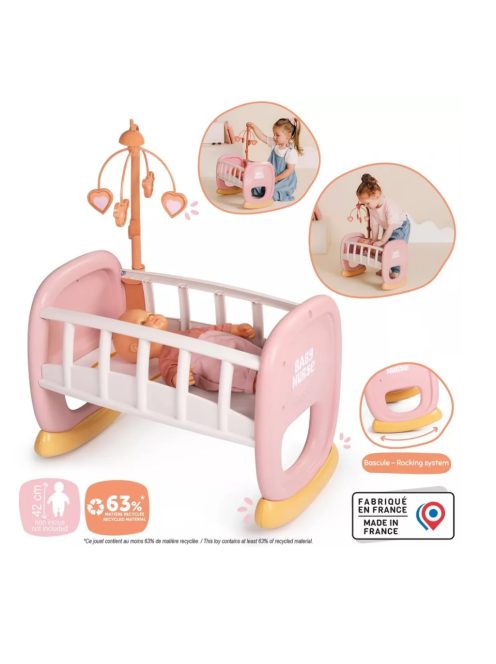 Детско креватче-люлка за кукла-бебе с височина 32 см, 47 x 28 x 59 cm, Smoby Baby Nurse, 18+ месеца