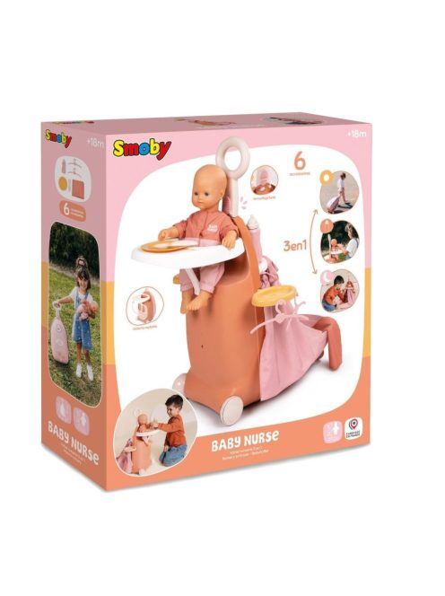 Куфар-количка за кукла-бебе с 6 аксесоара, 62 x 26 x 40 cm,  Smoby Baby Nurse 3в1, 18+ месеца