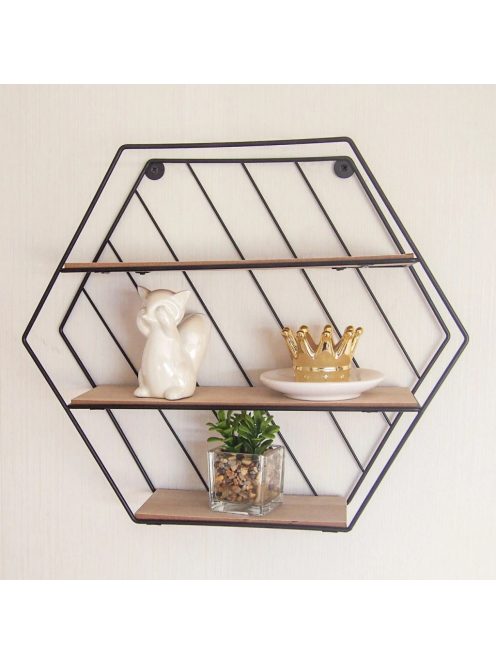 Комплект универсален рафт за стена, Форма Шестоъгълна, Метал и дърво, 29x10.5x25.5 cm