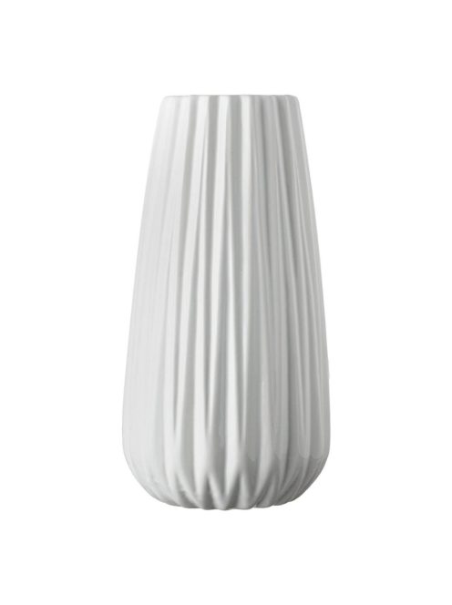 Декоративна керамична ваза с релефни вертикални ивици, Бяла, 13x25 cm