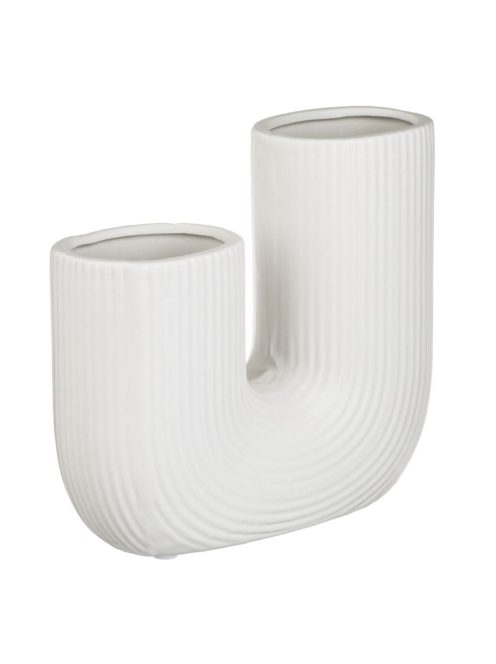 Декоративна керамична ваза, бяла, с форма на подкова и релефни линии, 18x6x16.5 см