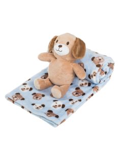   Бебешко поларено одеяло Куче с плюшена играчка, Двулицево 100x75 cm, Син