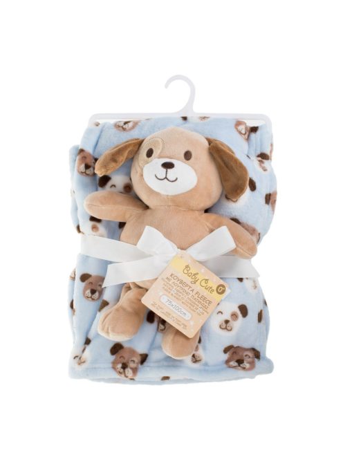 Бебешко поларено одеяло Куче с плюшена играчка, Двулицево 100x75 cm, Син