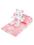 Бебешко поларено одеяло Коте с плюшена играчка, Двулицево 100x75 cm, Розово