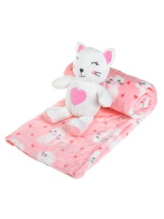   Бебешко поларено одеяло Коте с плюшена играчка, Двулицево 100x75 cm, Розово