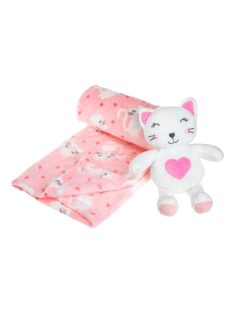   Бебешко поларено одеяло Коте с плюшена играчка, Двулицево 100x75 cm, Розово