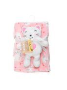Бебешко поларено одеяло Коте с плюшена играчка, Двулицево 100x75 cm, Розово