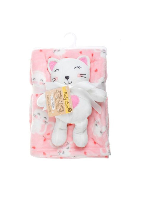 Бебешко поларено одеяло Коте с плюшена играчка, Двулицево 100x75 cm, Розово
