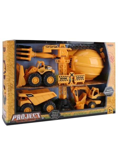 Комплект със строителни машини, аксесоари и каска, 53x11x36cm, Жълт, 3+ години