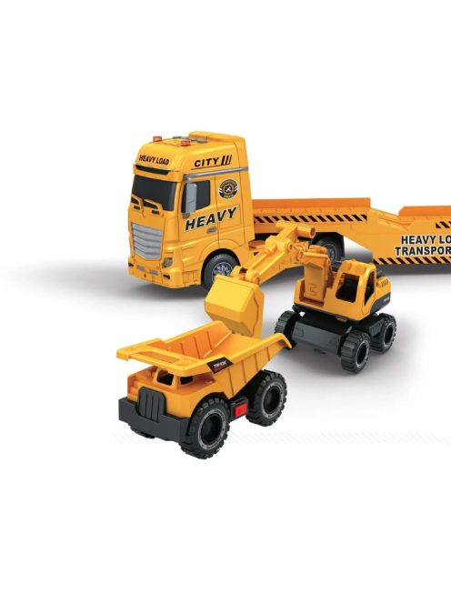 Тир с ремарке и 2 строителни машини, Светлини и звуци, 59x15x24cm, Жълт, 3+ години