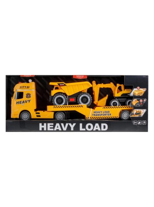 Тир с ремарке и 2 строителни машини, Светлини и звуци, 59x15x24cm, Жълт, 3+ години