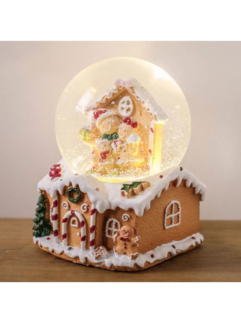 Коледна декоративна музикална снежна топка „Gingerbread къща“ с LED, 10x10x14 cm