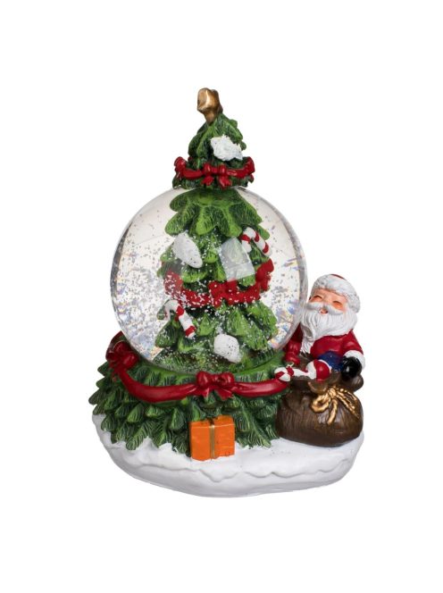 Коледна декоративна снежна топка с Дядо Коледа и чувал, Led80 осветление, 9×8×13см