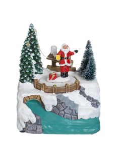   Коледна фигурна декорация „Дядо Коледа при ручея“ с вода, светлина и движение , 12x10x15 см