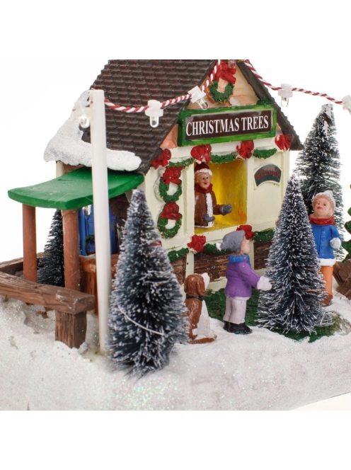 Коледна сцена – магазин за елхи с фигурки, Светлина и музика, 19x13x15 см