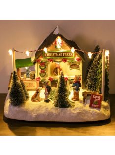   Коледна сцена – магазин за елхи с фигурки, Светлина и музика, 19x13x15 см