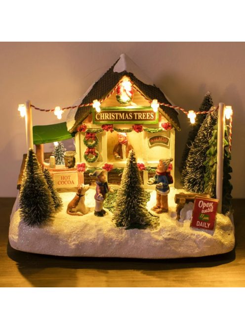 Коледна сцена – магазин за елхи с фигурки, Светлина и музика, 19x13x15 см