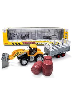   Трактор с ремарке 1:16, Гребло и бидони, Механичен, 50х12х12cm , Жълт, 3+ години