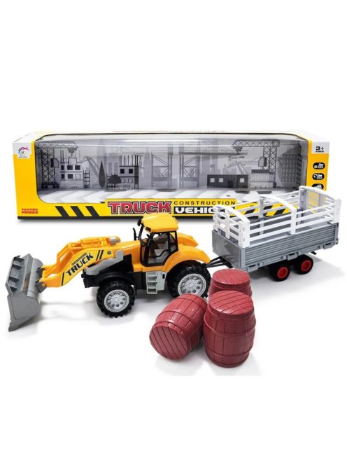 Трактор с ремарке 1:16, Гребло и бидони, Механичен, 50х12х12cm , Жълт, 3+ години