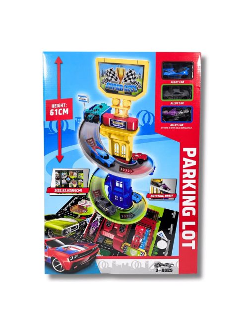 Детски комплект Паркинг-Кула, 3 нива, 3 метални колички, 37 х 9 х 53 см, 3+ години