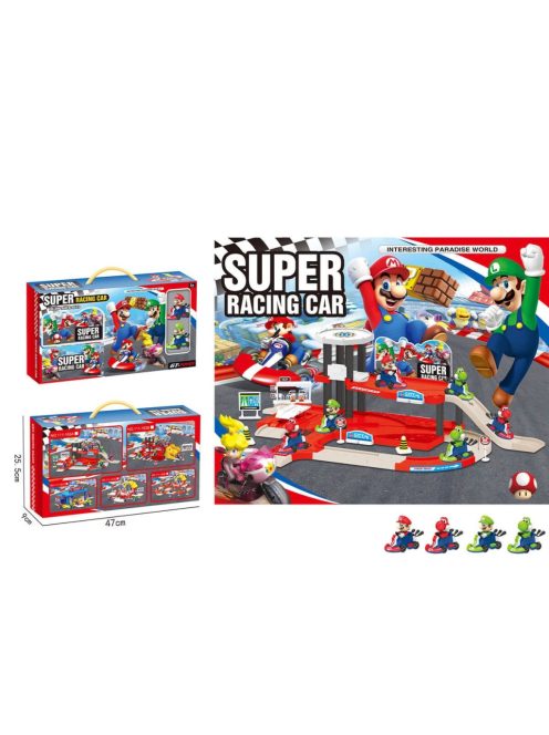 Детски комплект Паркинг - Писта с хеликоптерна площадка и Бензиностанция, 2 нива, 2 колички с герои, 47 х 9 х 26 см, 3+ години