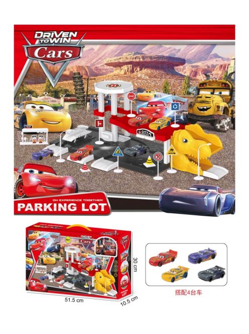 Детски комплект Паркинг - Дино Cars, 2 нива, 4 колички и 2 пързалки, 51,5 х 30 х 10,5 см, 3+ години