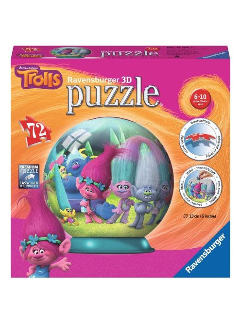 ПЪЗЕЛ 3D за деца топка (72ч) Тролчета, Ravensburger Puzzle Trolls, 13 x 13 cm, 12197