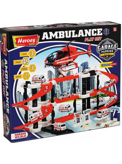  Детски паркинг - гараж Heroes на 3 нива и 2 писти, 3 колички, Болница, Голям 44х38х7 см, 3+ години