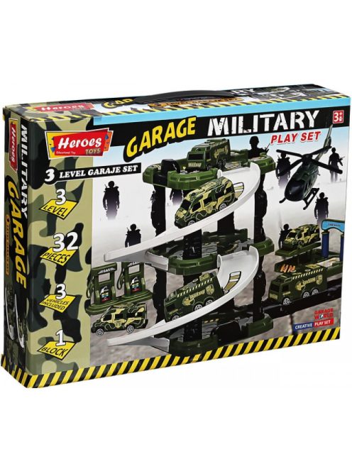 Детски паркинг - гараж Heroes на 3 нива, 2 колички , Боенна база, 35х27х7 см, 3+ години