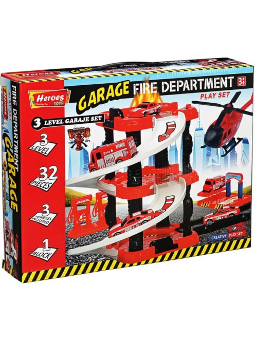 Детски паркинг - гараж Heroes на 3 нива и 3 колички, Пожарникарска станция, 35 х 27 х 7 см, 3+ години