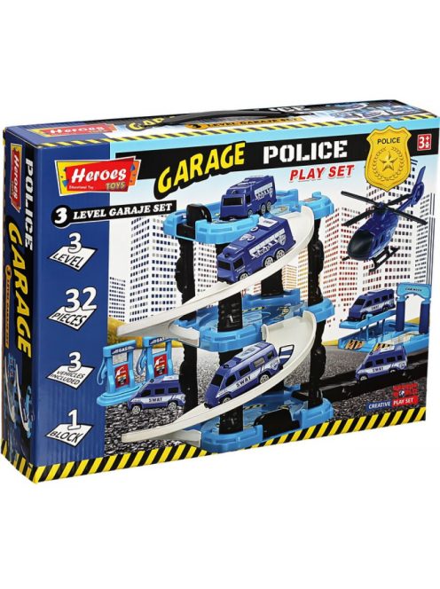 Детски паркинг - гараж Heroes на 3 нива и 3 колички, Полицейски участък, 35 х 27 х 7 см, 3+ години