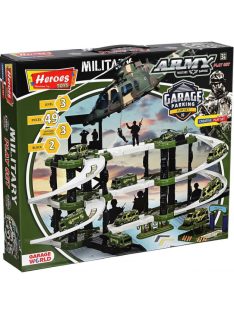   Детски паркинг - гараж Heroes на 3 нива и 2 писти, 3 колички, Военна база, Голям 44х38х7 см, 3+ години