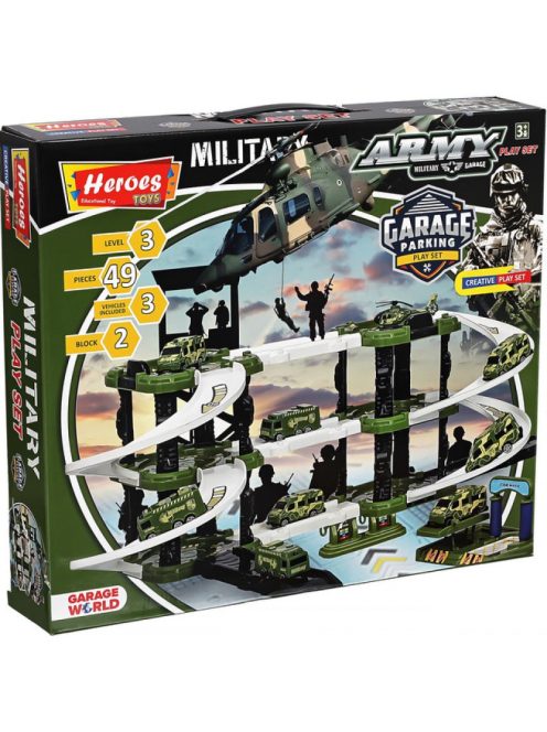 Детски паркинг - гараж Heroes на 3 нива и 2 писти, 3 колички, Военна база, Голям 44х38х7 см, 3+ години
