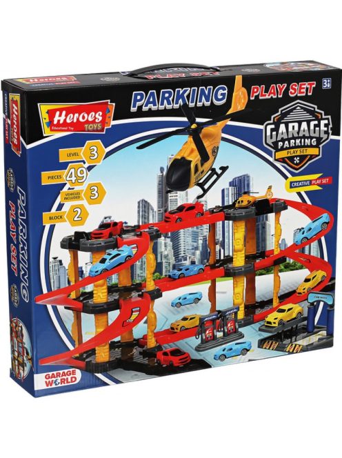 Детски паркинг - гараж Heroes на 3 нива и 2 писти, 3 колички, Голям 44х38х7 см, 3+ години