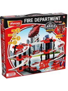   Детски паркинг - гараж Heroes на 3 нива и 2 писти, 3 колички, Пожарникарска станция, Голям 44х38х7 см, 3+ години