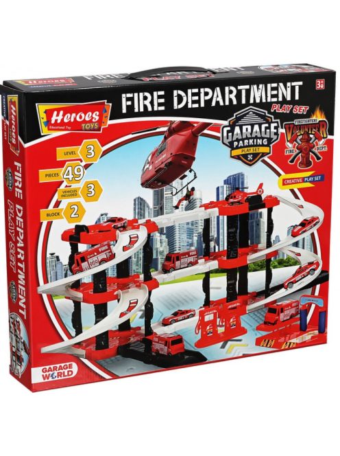 Детски паркинг - гараж Heroes на 3 нива и 2 писти, 3 колички, Пожарникарска станция, Голям 44х38х7 см, 3+ години
