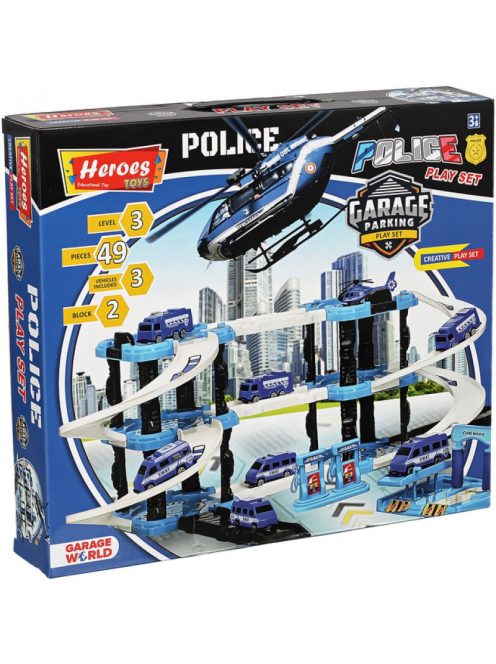 Детски паркинг - гараж Heroes на 3 нива и 2 писти, 3 колички, Полицейска станция, Голям 44х38х7 см, 3+ години