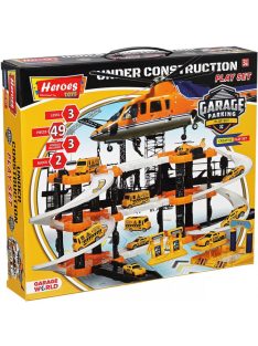   Детски паркинг - гараж Heroes на 3 нива и 2 писти, 3 колички, Строителна площадка, Голям 44х38х7 см, 3+ години