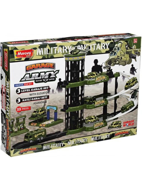 Детски паркинг - гараж Heroes на 4 нива, 3 големи площадки и асансьор, Военна база, 44х32х7 см, 3+ години