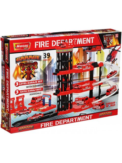 Детски паркинг - гараж Heroes на 4 нива, 3 големи площадки и асансьор, Пожарникарска станция, 44х32х7 см, 3+ години