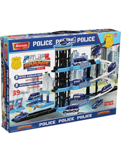 Детски паркинг - гараж Heroes на 4 нива, 3 големи площадки и асансьор, Полицейски участък, 44х32х7 см, 3+ години