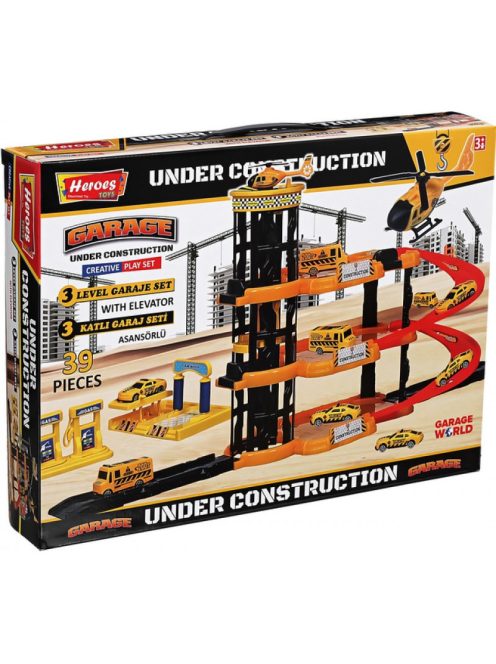 Детски паркинг - гараж Heroes на 4 нива, 3 големи площадки и асансьор, Строителен обект, 44х32х7 см, 3+ години