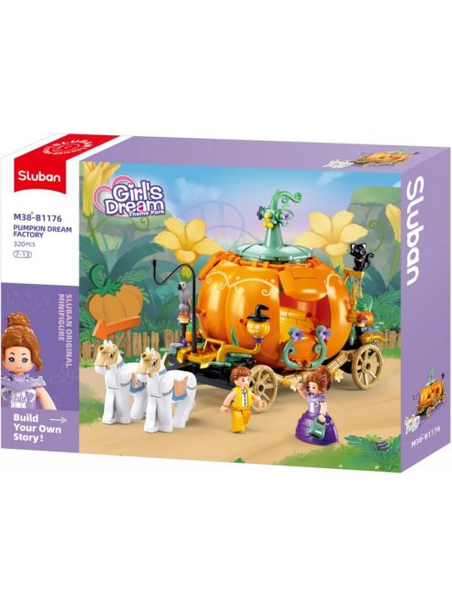 Конструктор Sluban Girl's Dream: Каретата Тиква на Пепеляшка с кончета (320 ч.) с 4 фигурки, 38х29х7 см