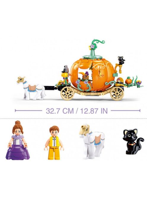 Конструктор Sluban Girl's Dream: Каретата Тиква на Пепеляшка с кончета (320 ч.) с 4 фигурки, 38х29х7 см