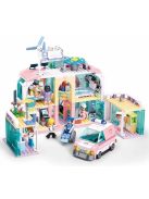 Конструктор Sluban Girl's Dream: Болница с линейка с движение чрез издърпване назад (668 ел.) с 7 фигурки, 52х38х8 см