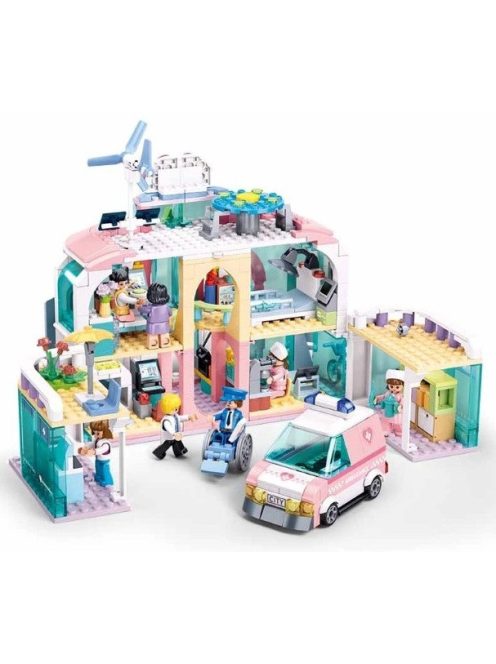 Конструктор Sluban Girl's Dream: Болница с линейка с движение чрез издърпване назад (668 ел.) с 7 фигурки, 52х38х8 см