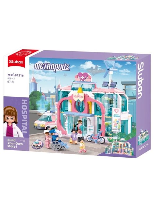 Конструктор Sluban Girl's Dream: Болница с линейка с движение чрез издърпване назад (668 ел.) с 7 фигурки, 52х38х8 см