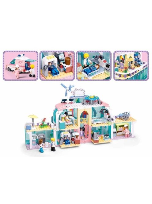 Конструктор Sluban Girl's Dream: Болница с линейка с движение чрез издърпване назад (668 ел.) с 7 фигурки, 52х38х8 см